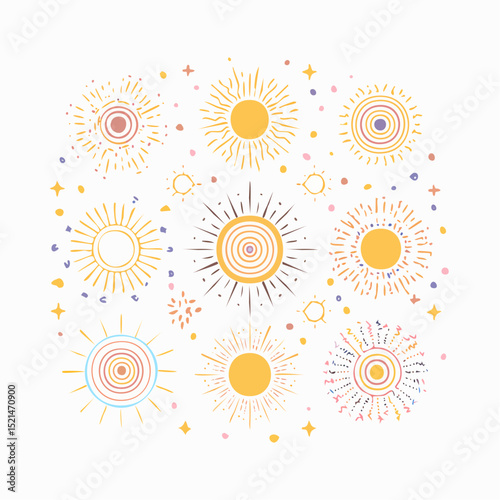 Vector set of linear boho icons and symbols - sun logo design templates and pritns - abstract design elements for decoration in modern minimalist