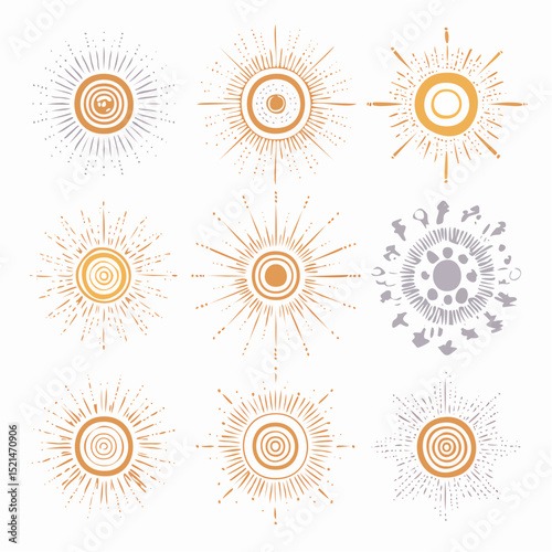 Vector set of linear boho icons and symbols - sun logo design templates and pritns - abstract design elements for decoration in modern minimalist