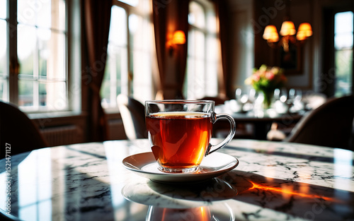 tazza con infuso su un elegante tavolo in marmo sullo sfondo un ampio locale con tavoli da pranzo