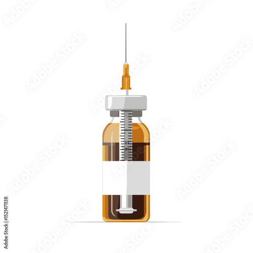 Medical Syringe with Amber Liquid in a Clear Vial on White Background Demonstrating Medical Treatment and Vaccination for Disease Prevention