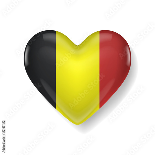 Glossy heart-shaped icon with the national flag of Belgium, featuring vertical black, yellow, and red stripes on a white background.