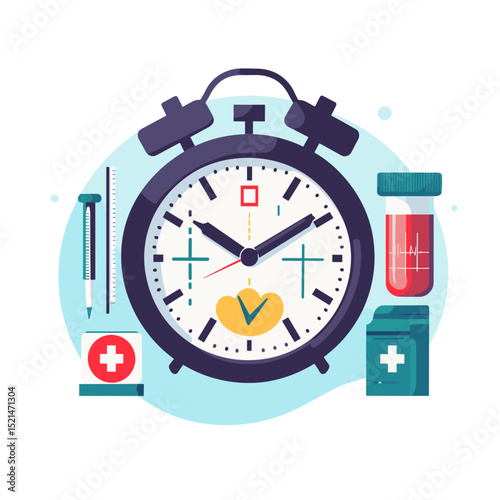 Medical Test Time Concept with Clock Blood Tube and Medication on White Background