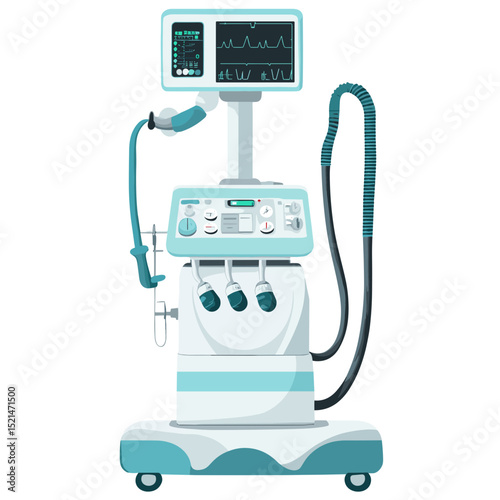 Medical Ventilator Machine with Digital Display for Intensive Care Unit and Life Support System on White Background