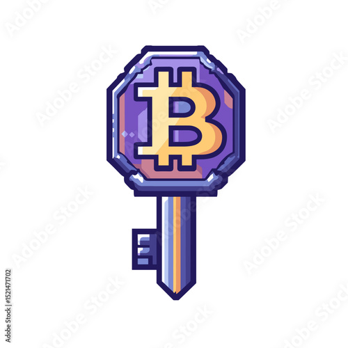 Metallic Bitcoin Key in Purple and Gold Digital Currency and Blockchain Technology Illustration