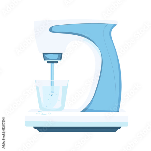 Modern Light Blue and White Coffee Maker Pouring Water Into Glass Cup on White Background