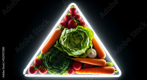 Triangular Food Display Of Colorful Vegetables And Fruits On Dark Background
