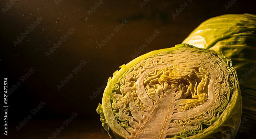 Obraz premium Dramatic Lighting Showcasing The Textural Complexity of a Sliced Cabbage