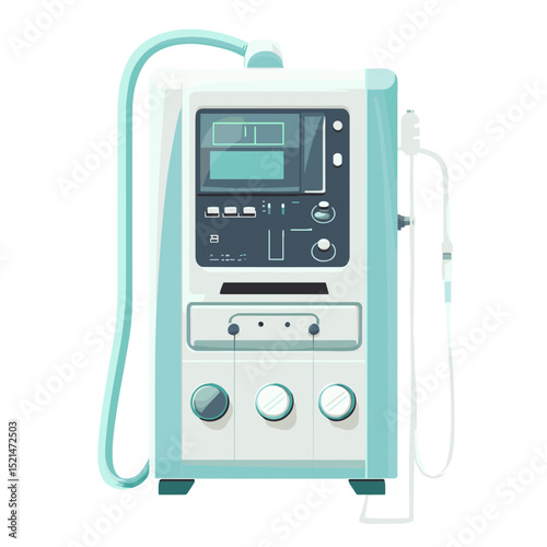 Modern White Medical Device with Screen Control Panel and Connected Tubes for Hospital Intensive Care Unit in Detailed Vector Illustration