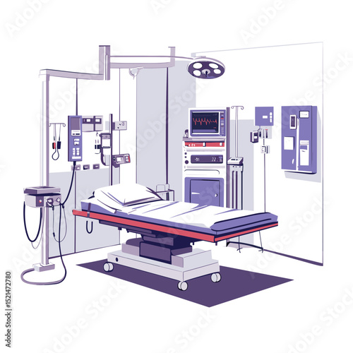 Operating Room Interior with Surgical Table in Purple Tones and Medical Equipments for Hospital Healthcare Illustration