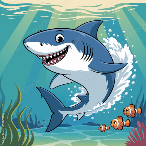 Happy cartoon shark swimming underwater with clownfish