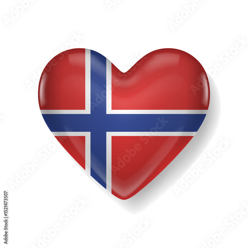 Heart-shaped glossy icon with the flag of Norway, featuring a red background with a blue cross outlined in white. Symbol of love and patriotism.