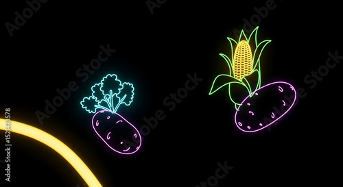Neon Vegetable Icons Glowing on Black Background for Modern Design