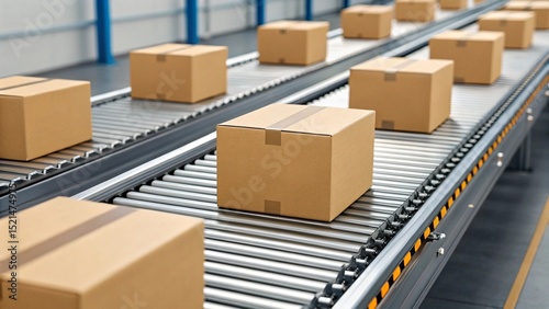 Closeup of multiple cardboard box packages seamlessly moving along a conveyor belt in a warehouse fulfillment center, a snapshot of e-commerce, delivery, automation, and products. Generative ai