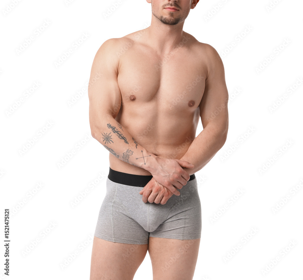 Fototapeta premium Young man in stylish light grey underwear on white background, closeup