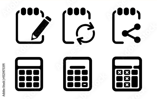 Simple black icons for notetaking calculation sharing
