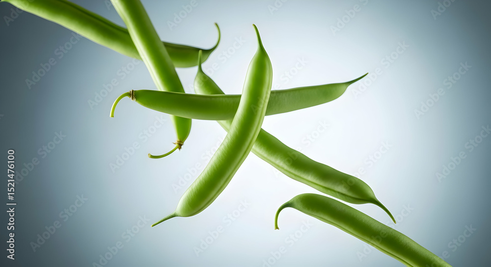 Fototapeta premium Falling Green Beans Against a Gradient Backdrop Fresh Culinary Ingredient