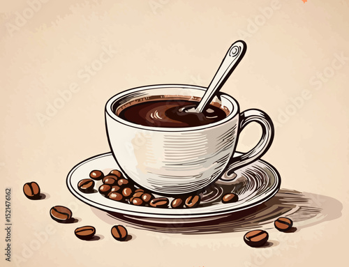 Vintage Coffee Cup Illustration with Beans and Spoon