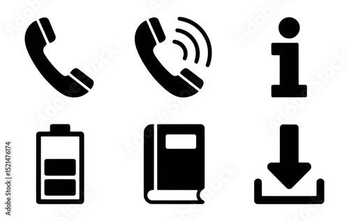 Simple black icons set phone battery download info book