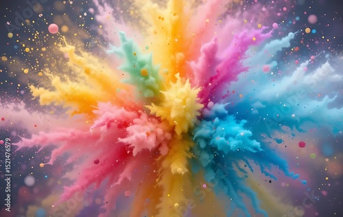 Colorful explosion paint powder holi festival abstract background vibrant rainbow splash art design 100char