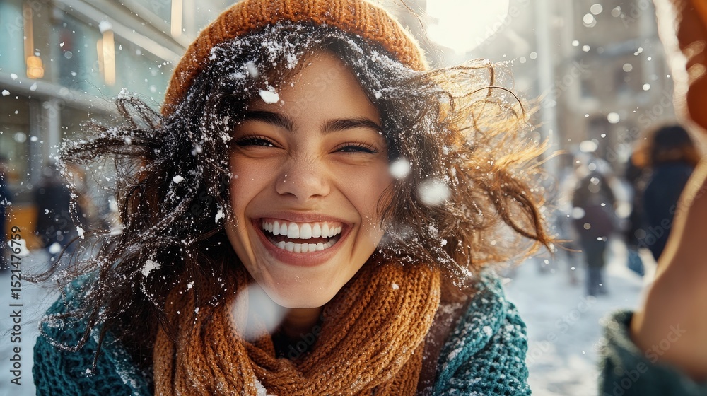 Fototapeta premium Happy young woman laughing under snowfall in winter city
