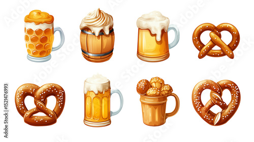 Oktoberfest icons vector set featuring beer, pretzels, and traditional treats
