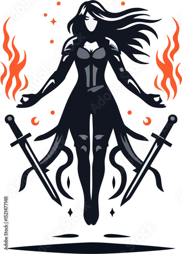 Dark Sorceress Warrior with Flames and Floating Swords – Fantasy Vector Art