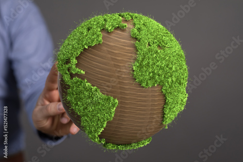 Fototapeta Naklejka Na Ścianę i Meble -  Eco-friendly concept image.  Hand holds a globe covered in green grass, symbolizing environmental sustainability.