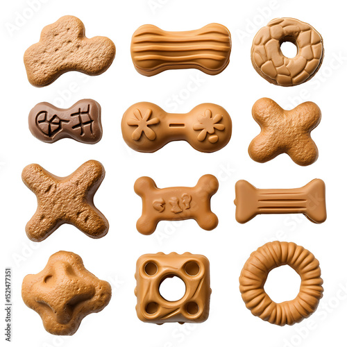 A colorful assortment of dog treats shaped like bones and rings, perfect for pampering pets with delicious snacks.