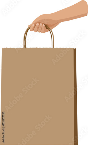 Hand holding a brown paper shopping bag with handles