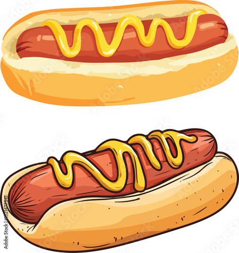 Two delicious hot dogs with mustard illustration