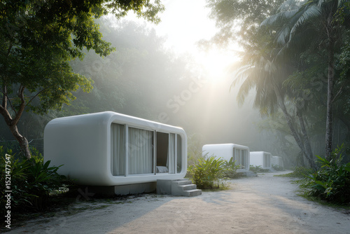 serene eco hotel featuring modern capsule houses set amidst lush fragrant garden