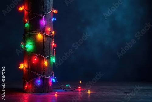 Colorful LED string lights wrapped around a wooden post against a dark textured background, led string lights, nature, fairy lights
