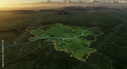 Aerial View of Green Landscape with Mountains and River