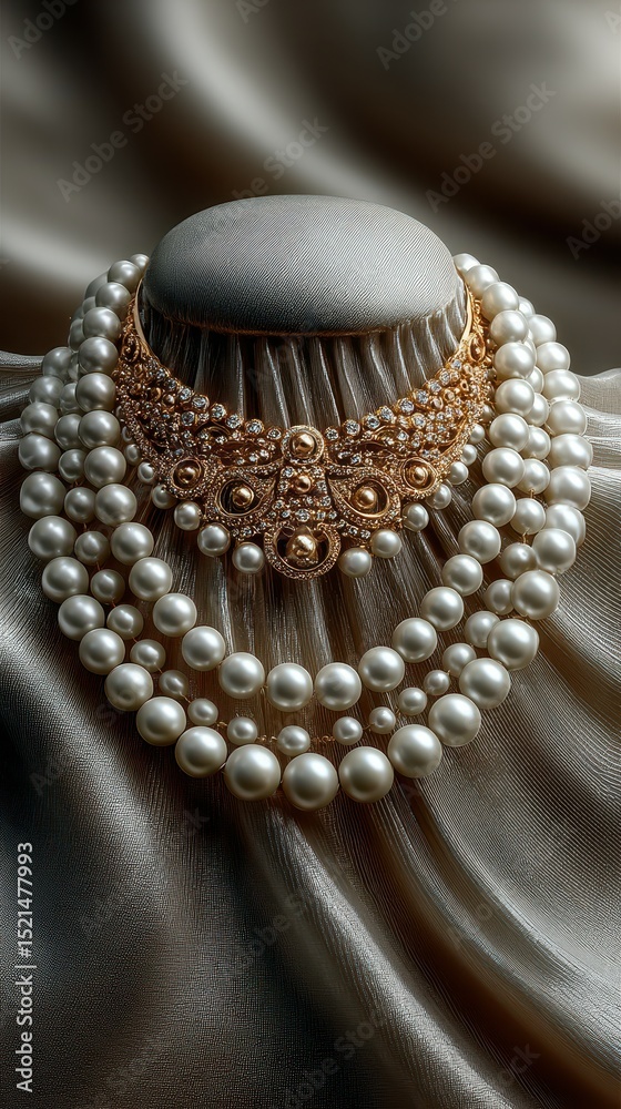 Fototapeta premium Elegant pearl and gold necklace displayed on silk background during a jewelry showcase event in a luxury setting