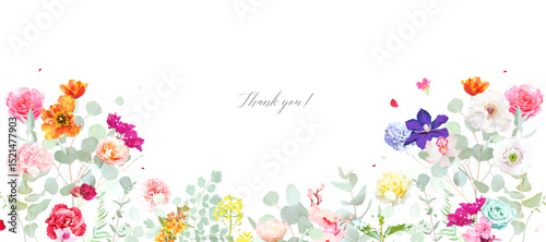 Colorful floral vector design frame. Purple clematis, magenta red peony, orange tulips, tropical flowers, orchid, hydrangea, greenery and plants card. All flowers and branches are isolated and movable