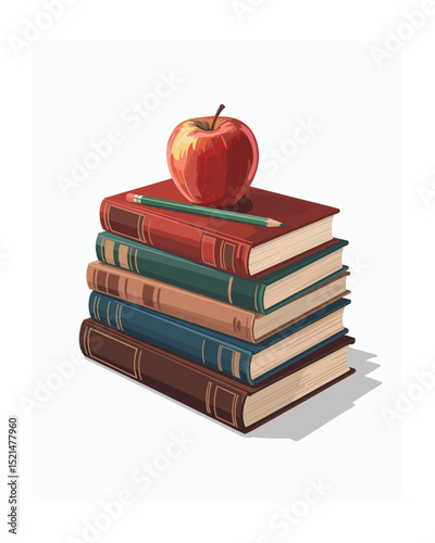 Stack of vintage books with red apple and pencil