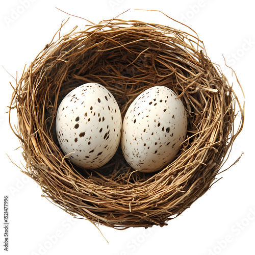 A serene depiction of a bird's nest containing two speckled eggs, symbolizing nature and new beginnings.