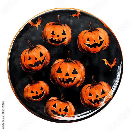 A vibrant illustration of smiling Halloween pumpkins set against a dark background, perfect for festive celebrations and decor.