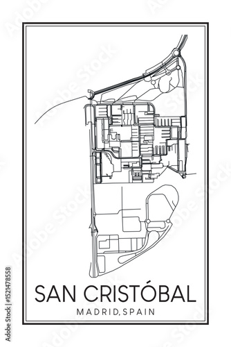 Hand drawn printable downtown road map poster of borough SAN CRISTÓBAL of the Spanish city of MADRID on solid white background with city name