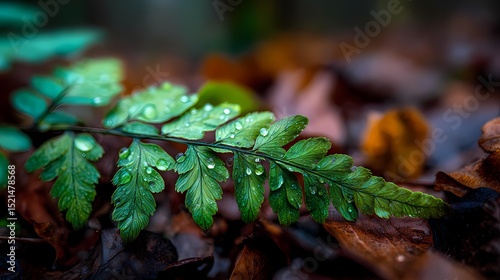 Close-Up of Fern Leaf with Raindrops on Leaf Surface in Forest