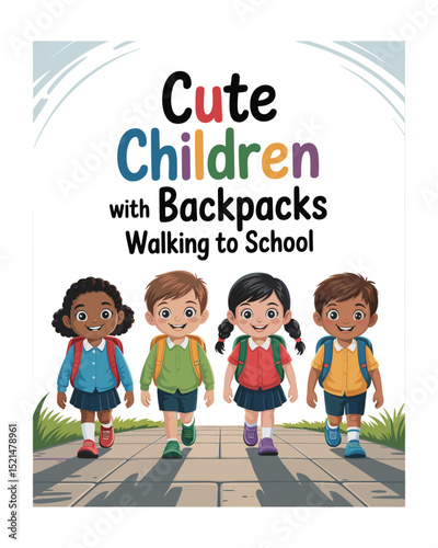 Happy diverse children walking to school with backpacks