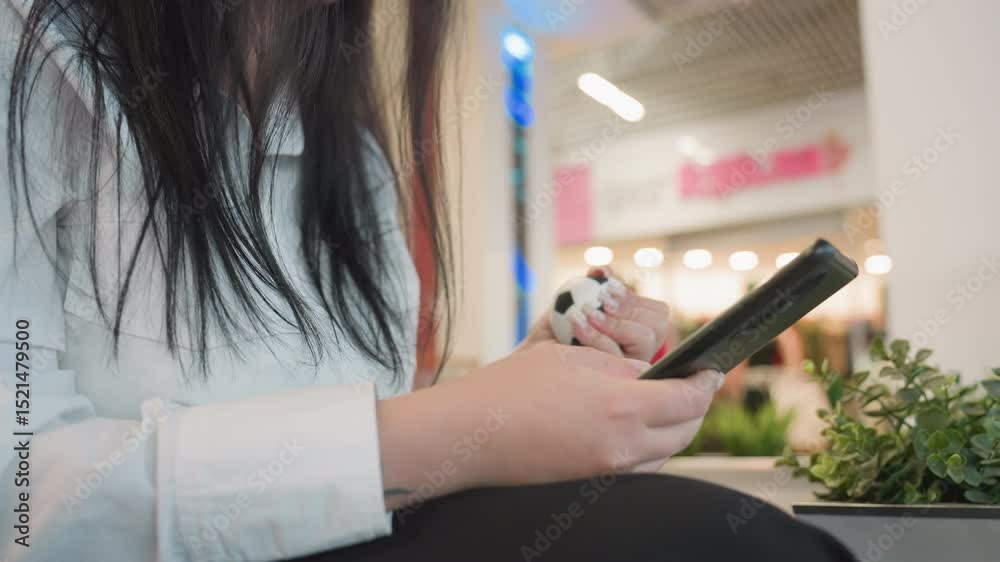 Young woman with headset seated indoors operating digital device while gently squeezing stress ball, wearing glasses with long dark hair, blurred storefront in background