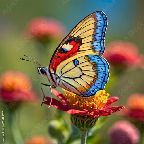 Colorful Butterfly on Red Flower 
