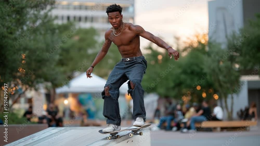 Dynamic skateboarder grinds a rail in an urban park as friends cheer in the background.