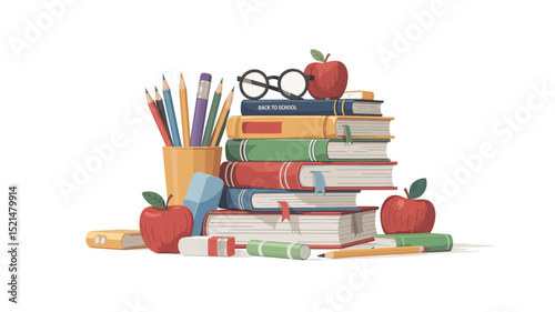 Back to school stack of books pencils apples and glasses
