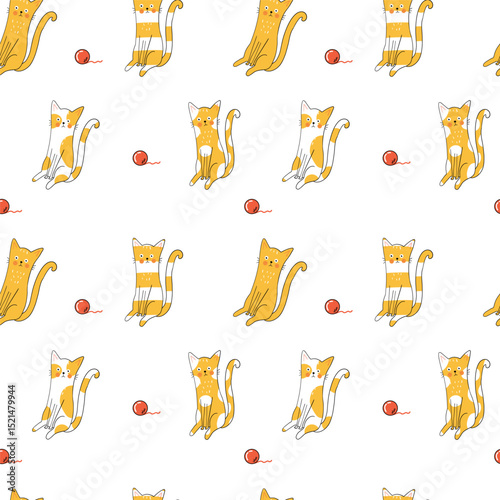 Funny cats with a surprised expression in playful doodle style, seamless pattern. Hand drawn illustration. Yellow joyful color palette with red accents
