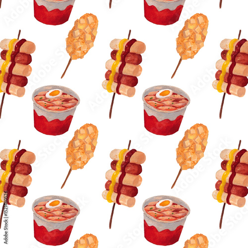 Korea cuisine watercolor pattern. Tteokbokki (spicy rice cakes), Korean corn dog, Sotteok Sotteok (Sausage and Rice Cake Skewer) painting elements. South Korean culture. Famous street food background 