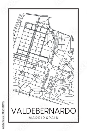 Hand drawn printable downtown road map poster of borough VALDEBERNARDO of the Spanish city of MADRID on solid white background with city name