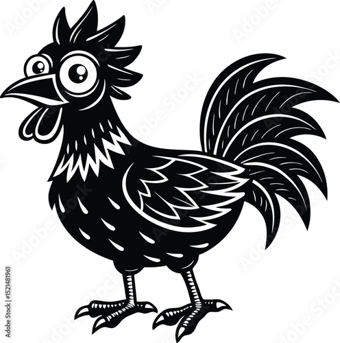 Hilarious Cartoon Chicken with Startled Expression – Black and White Vector Illustration