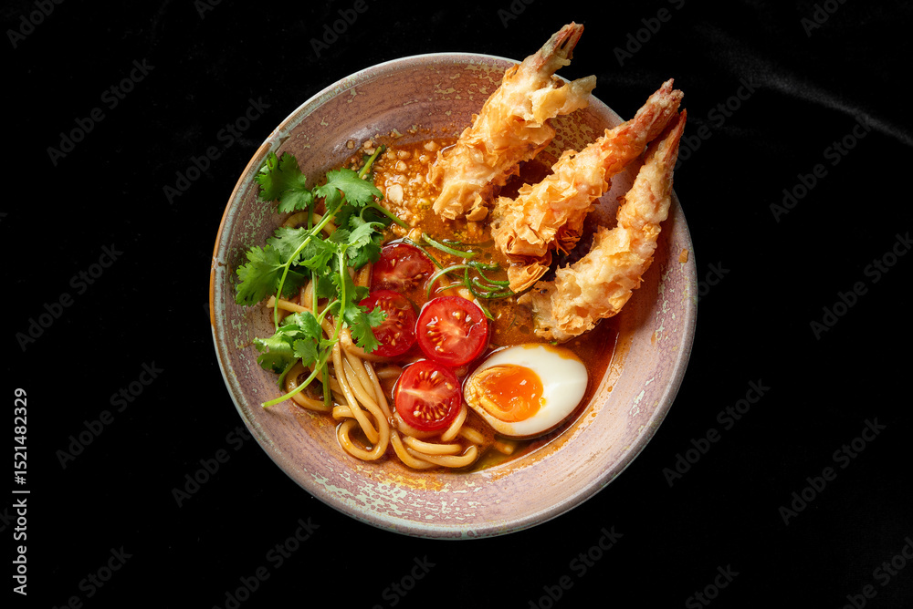 A bowl of ramen with tempura shrimp, soft-boiled egg, cherry tomatoes, cilantro, and noodles in a rich broth. The vibrant colors and textures make it visually appealing and appetizing A bowl of ramen with tempura shrimp, soft-boiled egg, cherry tomatoes, cilantro, and noodles in a rich broth. The vibrant colors and textures make it visually appealing and appetizing